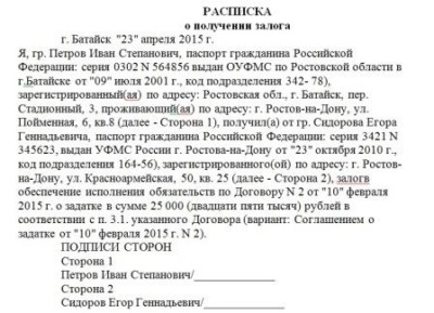 расписка о получении денежных средств в залог при покупке квартиры образец